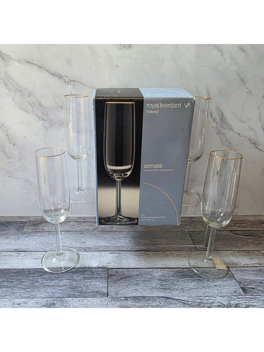 Royal Leerdam Sonata Champagne Flutes Set Of 4 Gold Rim 8.25 Oz 23 Cl Holland